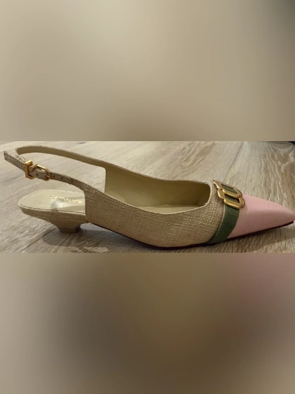 Larroude Franca Micro Heel Slingback Pump Pink/Beige/Green Raffia Size 7 NWT